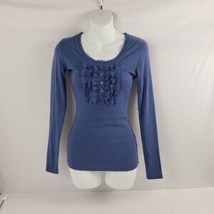 Banana Republic XS Blue Ruffle Buttons Womens Top Blouse Long Sleeve NWT